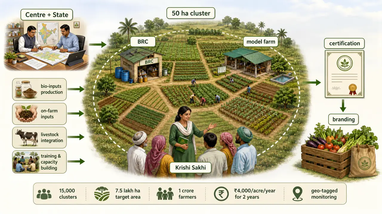 NMNF scheme architecture showing a 50 hectare cluster, bio-input resource centre, model farm, Krishi Sakhi support, certification, and branding flow