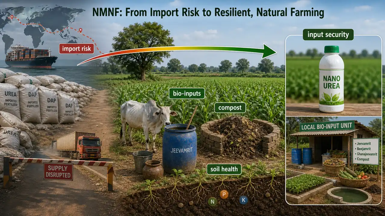 NMNF current-affairs visual linking fertilizer import risk with compost, bio-inputs, soil health, and input security in Indian farming