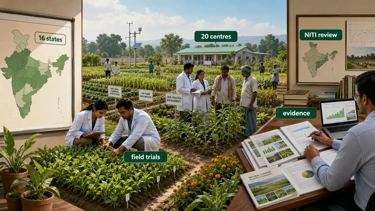 Scientific validation of natural farming under NMNF showing field trials, ICAR-linked research centres across states, and evidence review