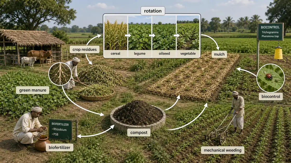Organic farming components workflow showing crop rotation, green manure, compost, biofertilizer, mulch, biocontrol, and mechanical weeding