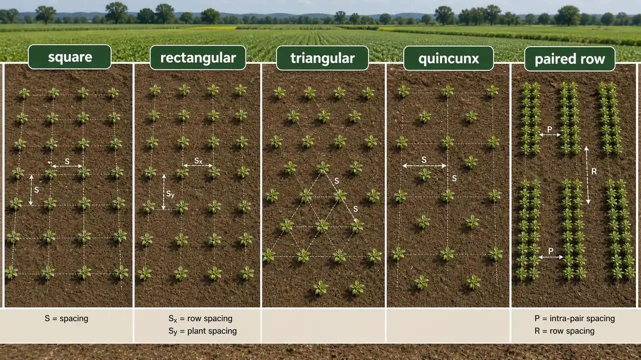 Plant geometry comparison showing square, rectangular, triangular, quincunx, and paired-row crop arrangements