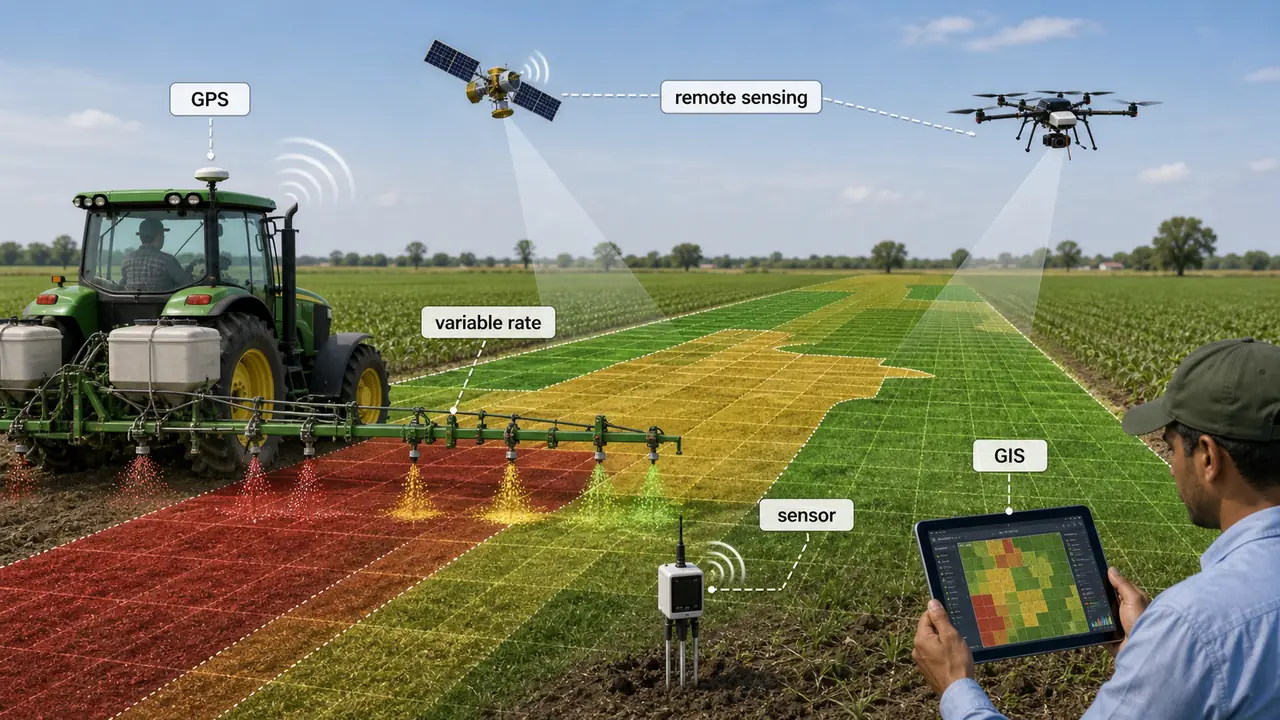 Precision farming technology stack showing GPS guidance, GIS field maps, remote sensing, soil sensors, and variable-rate application zones