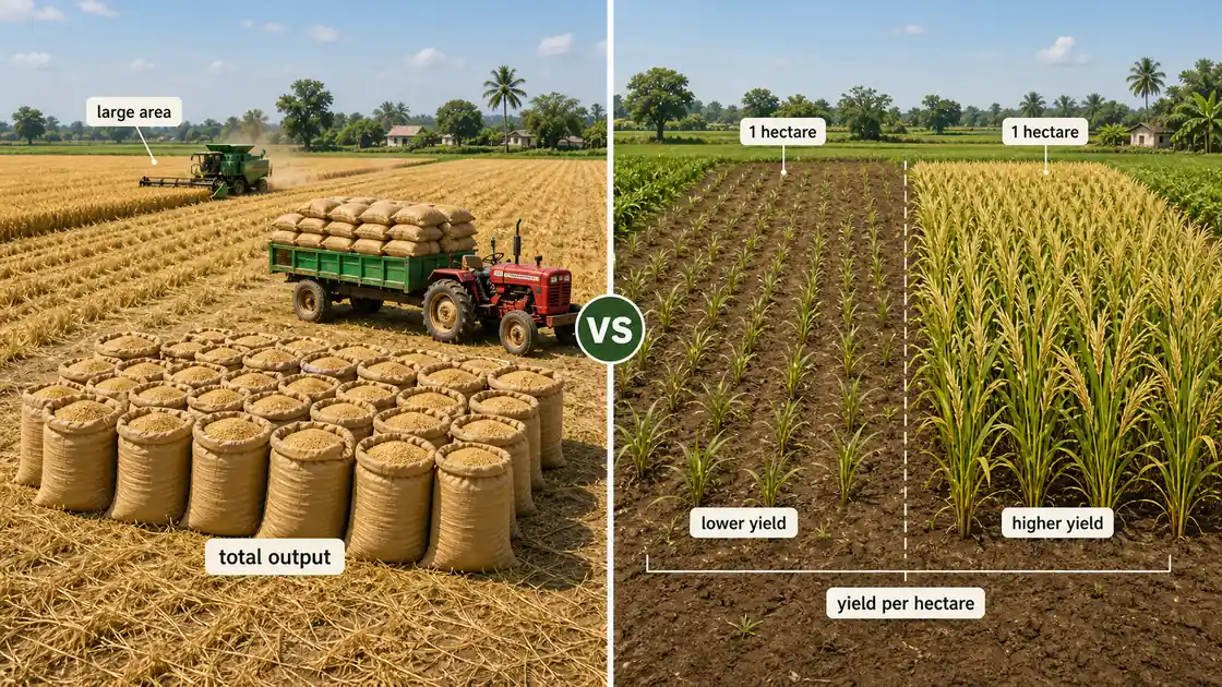 Crop production versus crop productivity comparison showing total harvest from large area and yield per hectare from equal plots