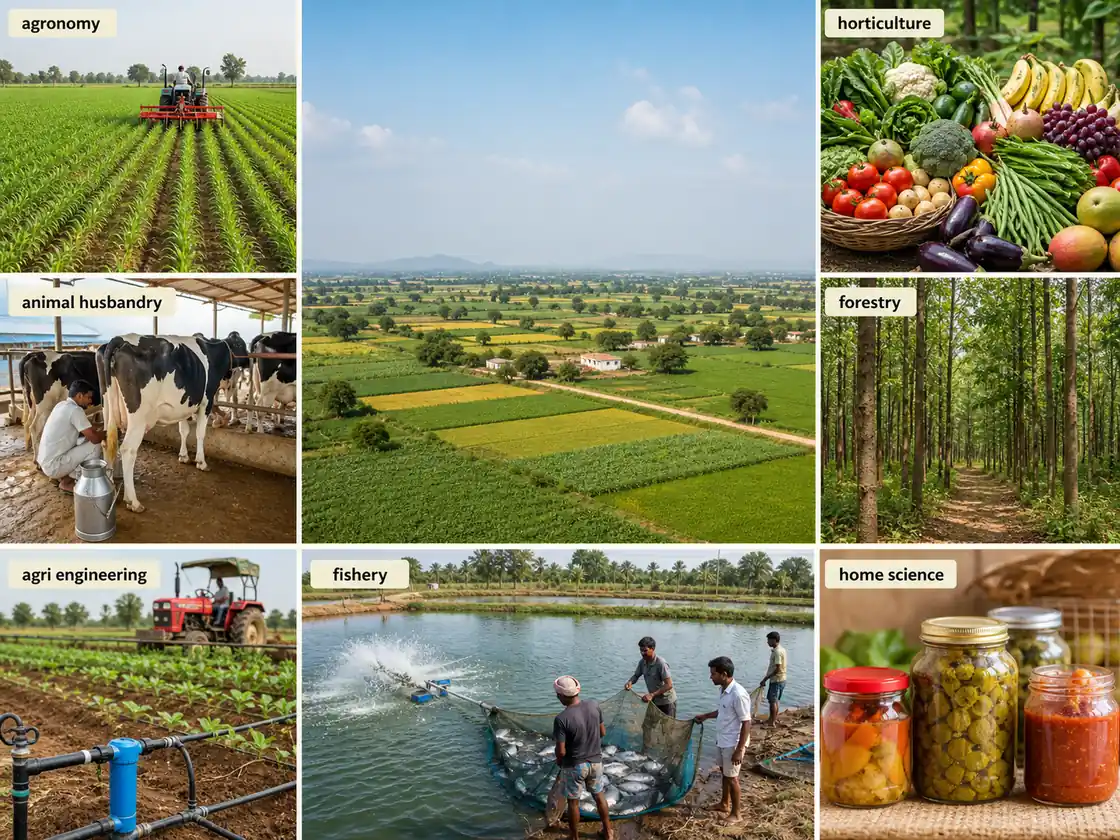 Seven branches of agriculture shown as agronomy, horticulture, forestry, animal husbandry, fishery, agricultural engineering and home science