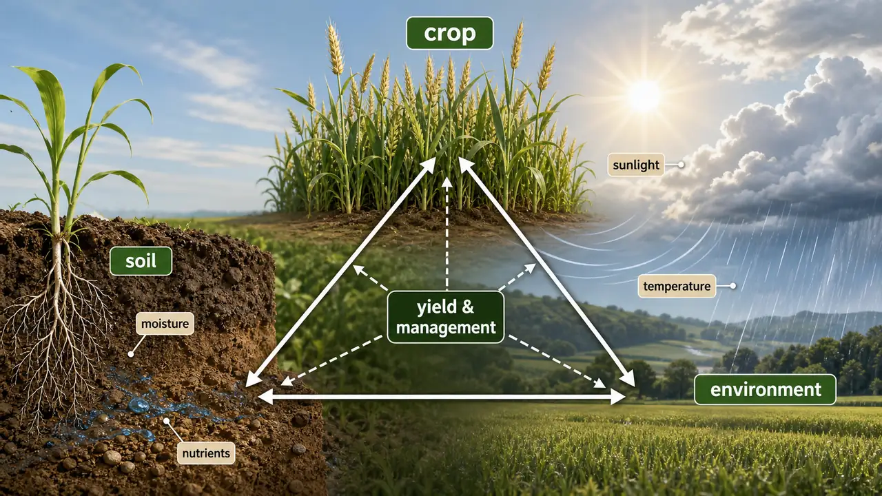 Soil crop environment relationship diagram for agronomy showing how moisture nutrients sunlight and temperature interact to shape crop yield and management