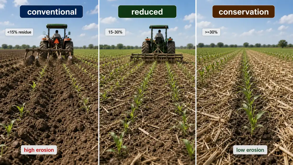 Conventional, reduced, and conservation tillage comparison showing surface residue cover and erosion risk after planting