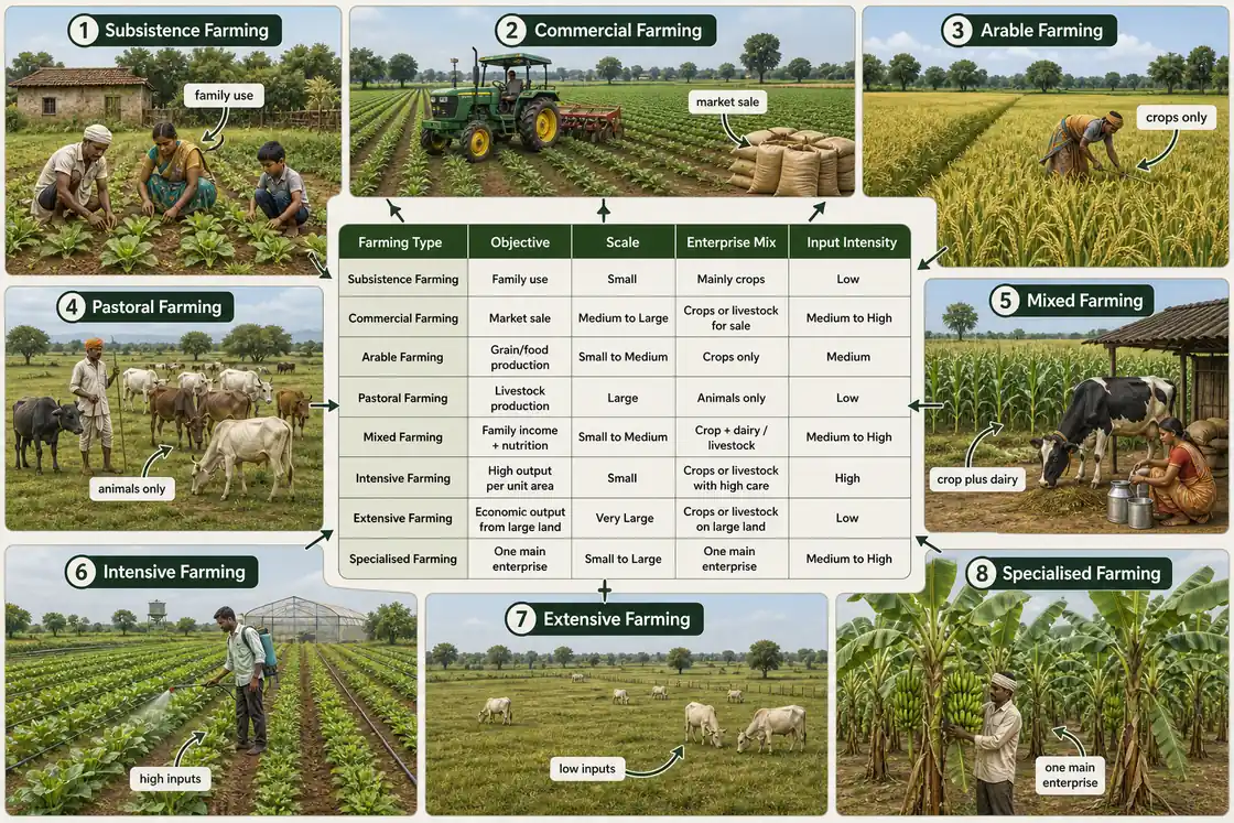 Types of farming comparison matrix showing subsistence, commercial, intensive, extensive, arable, pastoral, mixed, and specialised farming