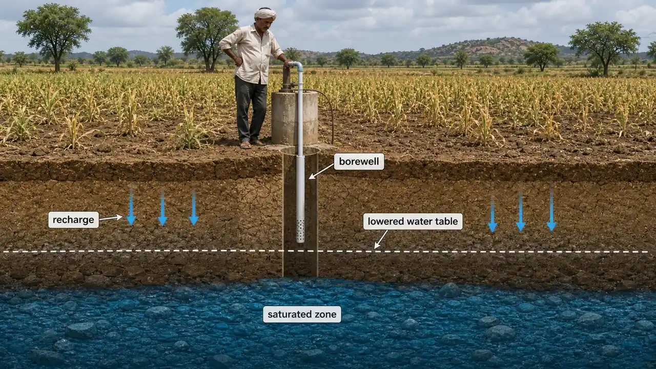 Dry borewell lesson visual showing a lowered water table below borewell intake and recharge moving downward through farm soil