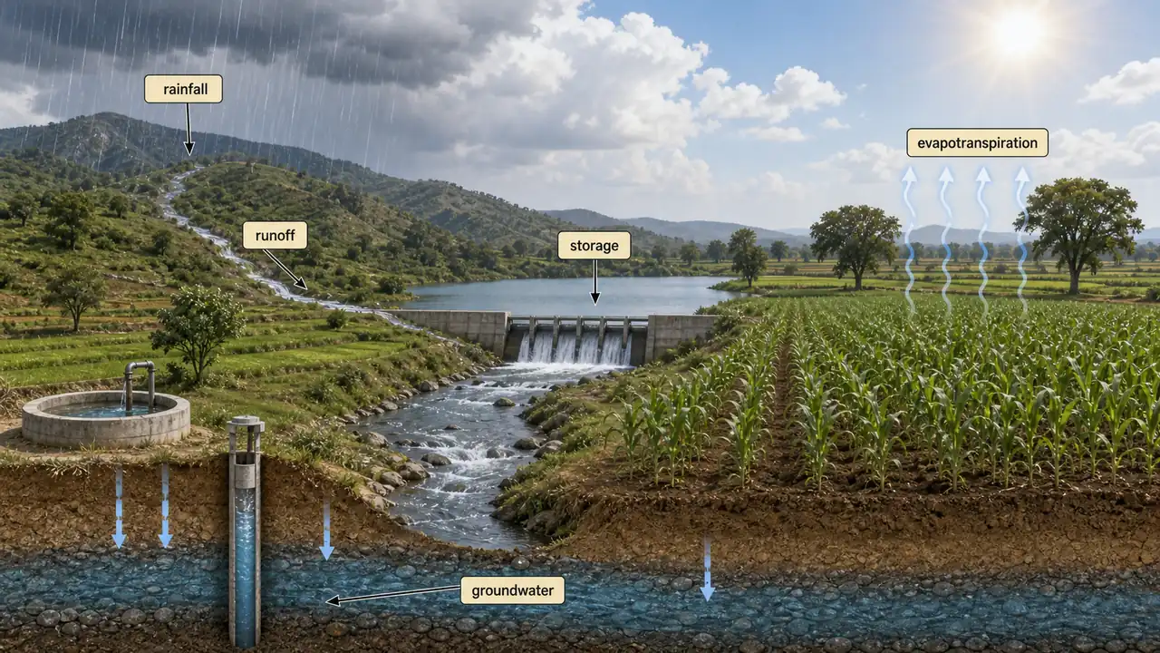 Water distribution lesson scene showing rainfall, runoff, storage, groundwater, and evapotranspiration across an Indian farm landscape