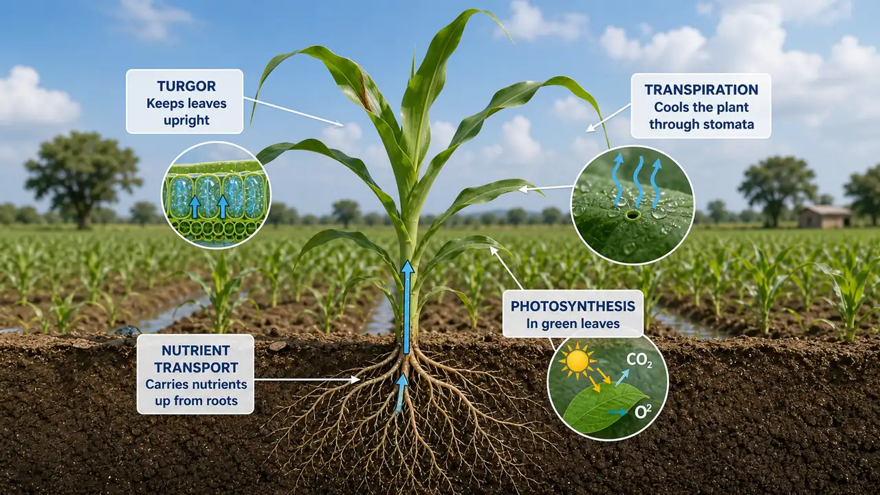 Single crop plant cross-section showing water helping nutrient transport, turgor, photosynthesis, and transpiration cooling
