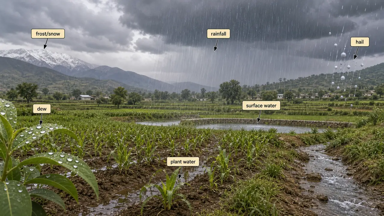Precipitation in agriculture showing rainfall as the main form with hail, dew, surface water, and plant water on a farm landscape