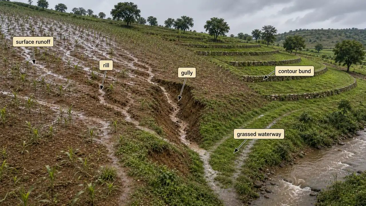 Runoff on sloping farmland showing surface runoff, rills, gullies, contour bunding, and a grassed waterway