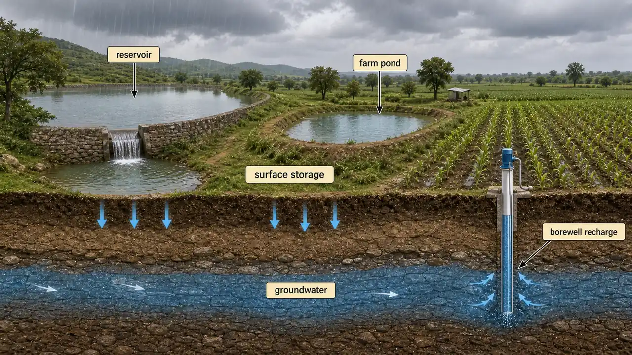 Water storage in agriculture showing a reservoir, farm pond, surface storage, groundwater, and borewell recharge