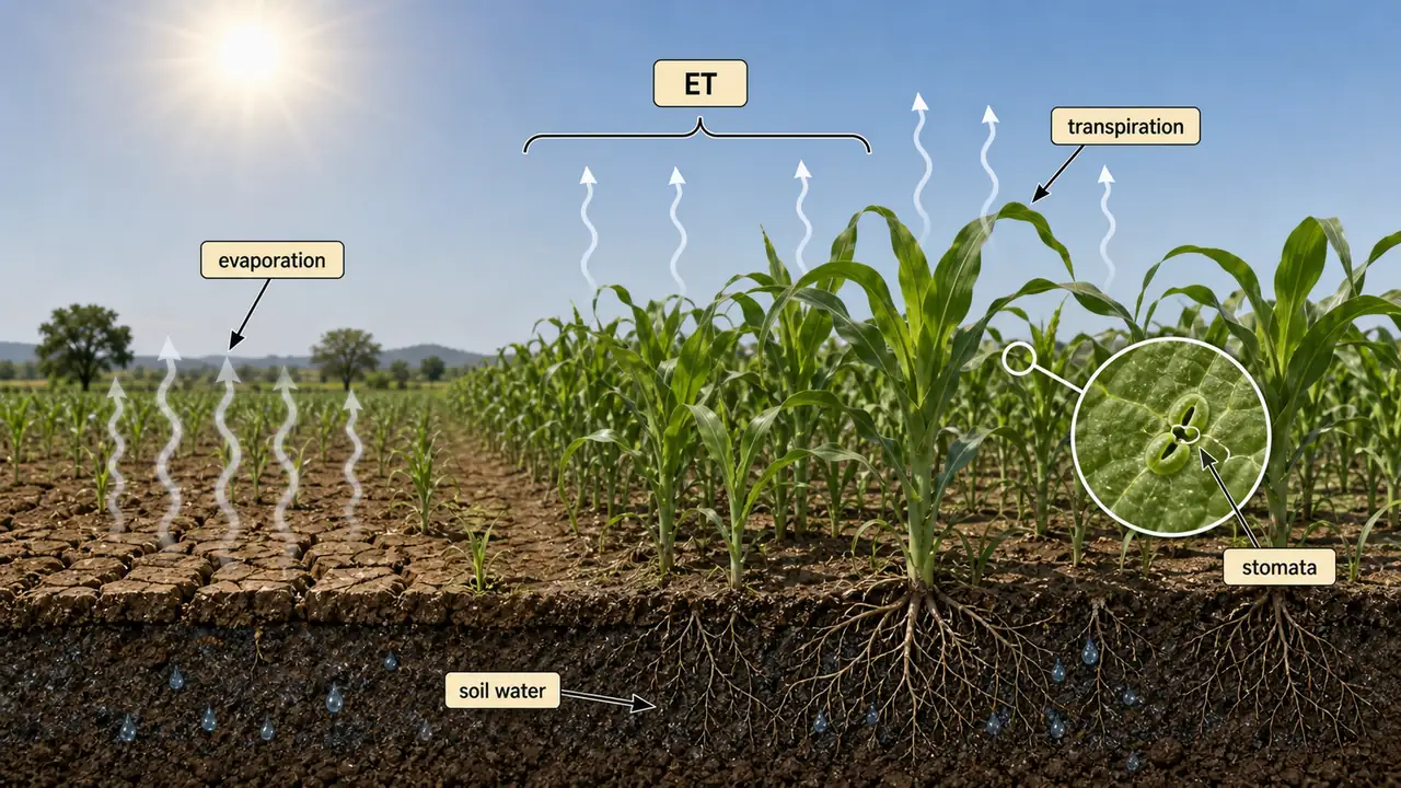 Evapotranspiration in a crop field showing evaporation from soil, transpiration from leaves, stomata, and soil water