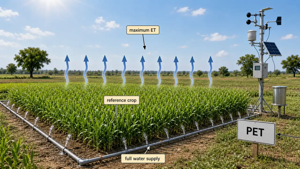 Potential evapotranspiration reference crop showing full water supply, weather station, and maximum evapotranspiration demand