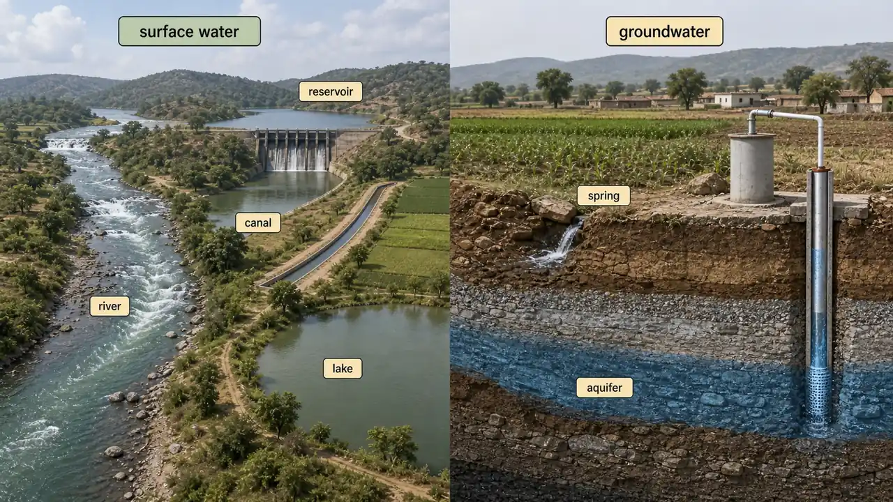 Classification of water resources comparing surface water sources with groundwater, aquifer, spring, and borewell