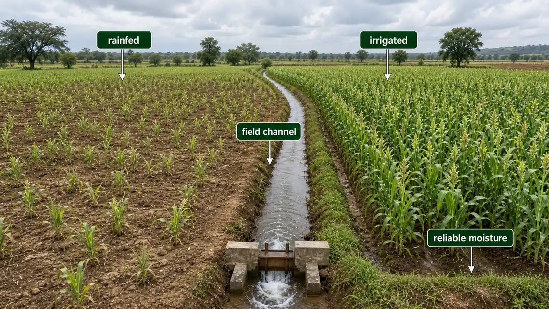Rainfed and irrigated crop comparison showing a field channel creating more reliable soil moisture and crop growth