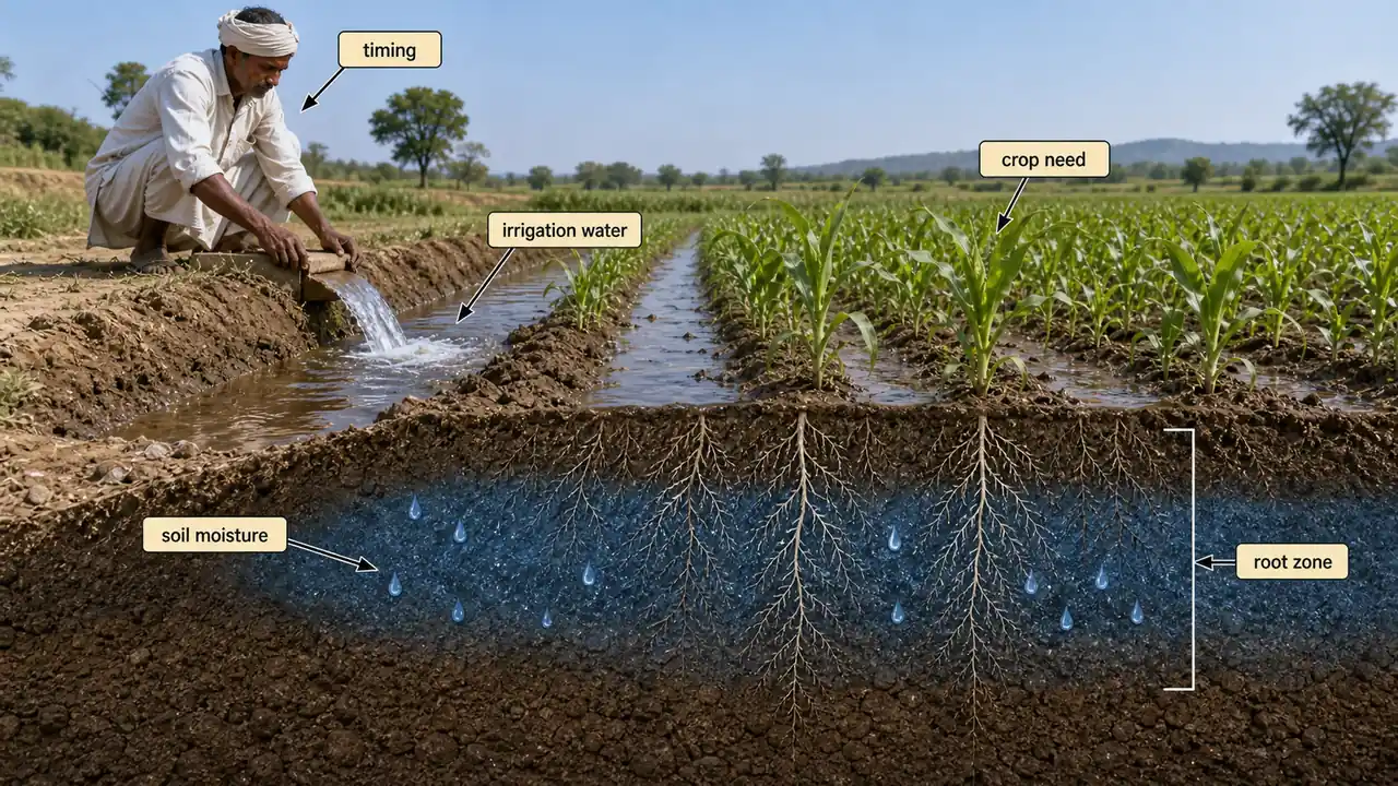 Irrigation lesson overview showing timing, irrigation water, soil moisture, root zone, and crop need in one field scene