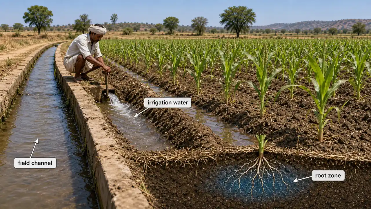 Farmer releasing irrigation water from a field channel into crop rows so moisture reaches the active root zone