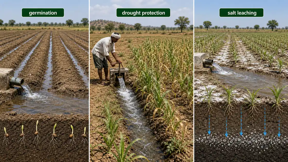Practical irrigation purposes shown through seed germination, drought protection, and salt leaching in crop fields