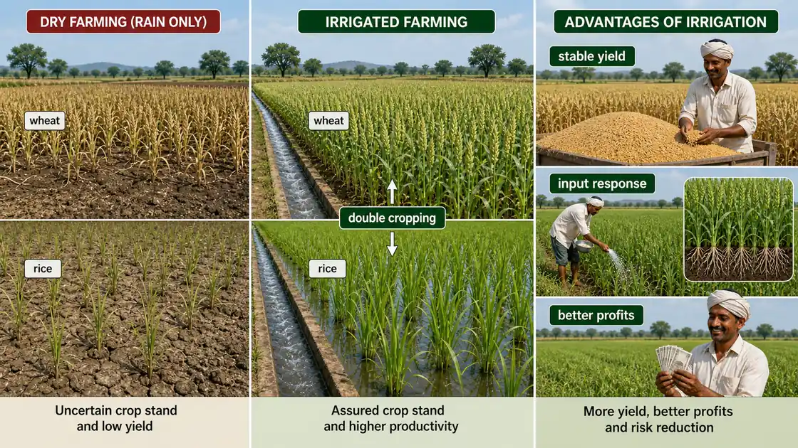 Comparison of rainfed and irrigated fields highlighting stable yield, double cropping, stronger input response, and better farm profits