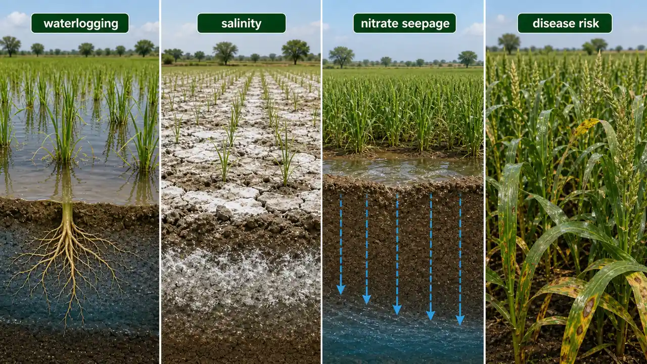 Over-irrigated field showing waterlogging, salinity, nitrate seepage, and disease-prone crop canopy