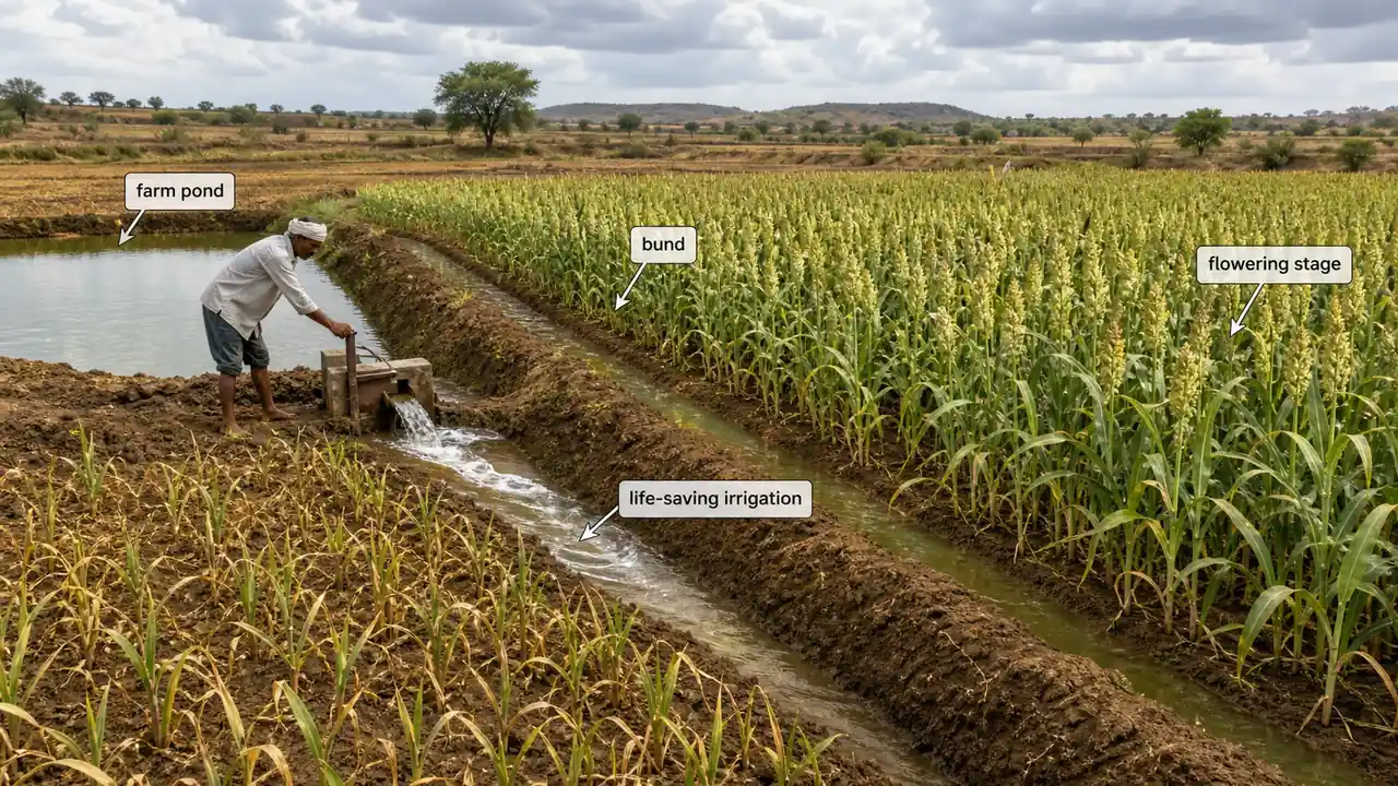 Life-saving irrigation in a dryland sorghum field showing a farm pond, bunded plots, and emergency irrigation at flowering stage