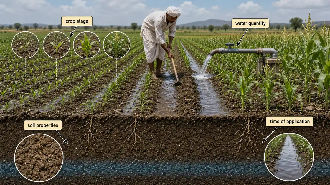 Irrigation management scene showing soil properties, crop stage, water quantity, and time of application in a field