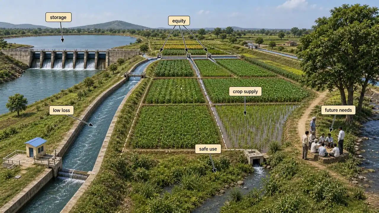 Importance of irrigation management shown through storage, equity, low-loss conveyance, crop supply, safe use, and future water needs