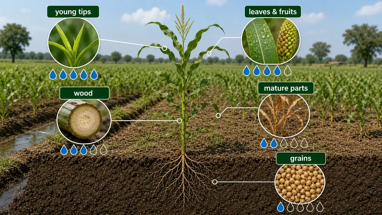 Crop plant visual comparing water-rich young tips and leaves with drier woody tissue, mature parts, and grains
