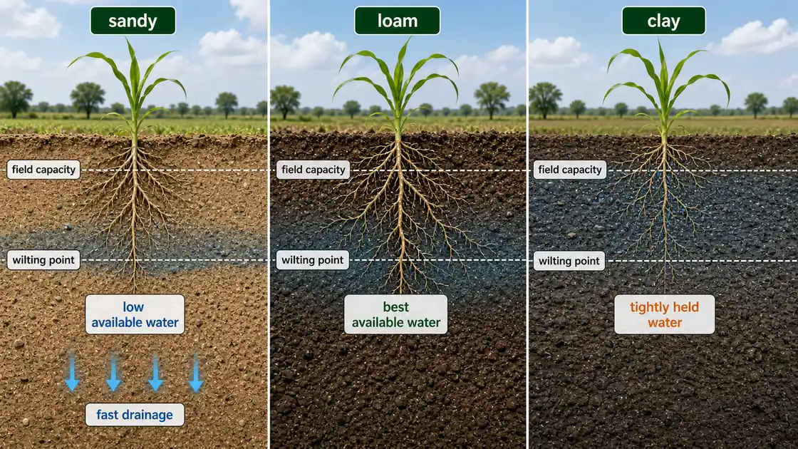 Cross-sections of sandy, loam, and clay soils showing field capacity, wilting point, and how much water is actually available to crops