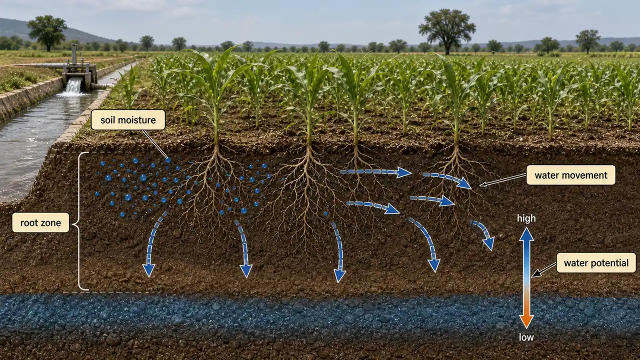 Important irrigation concepts showing soil moisture, water movement, root zone, and water potential in a soil profile