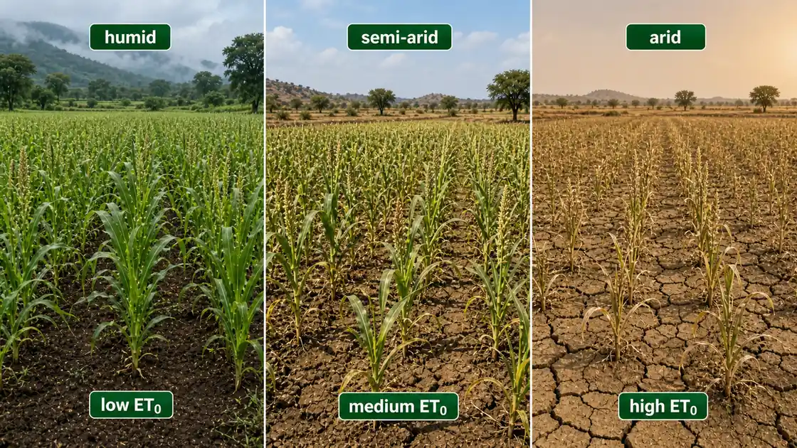 Humid, semi-arid, and arid crop fields illustrating increasing reference evapotranspiration from low to high climatic demand
