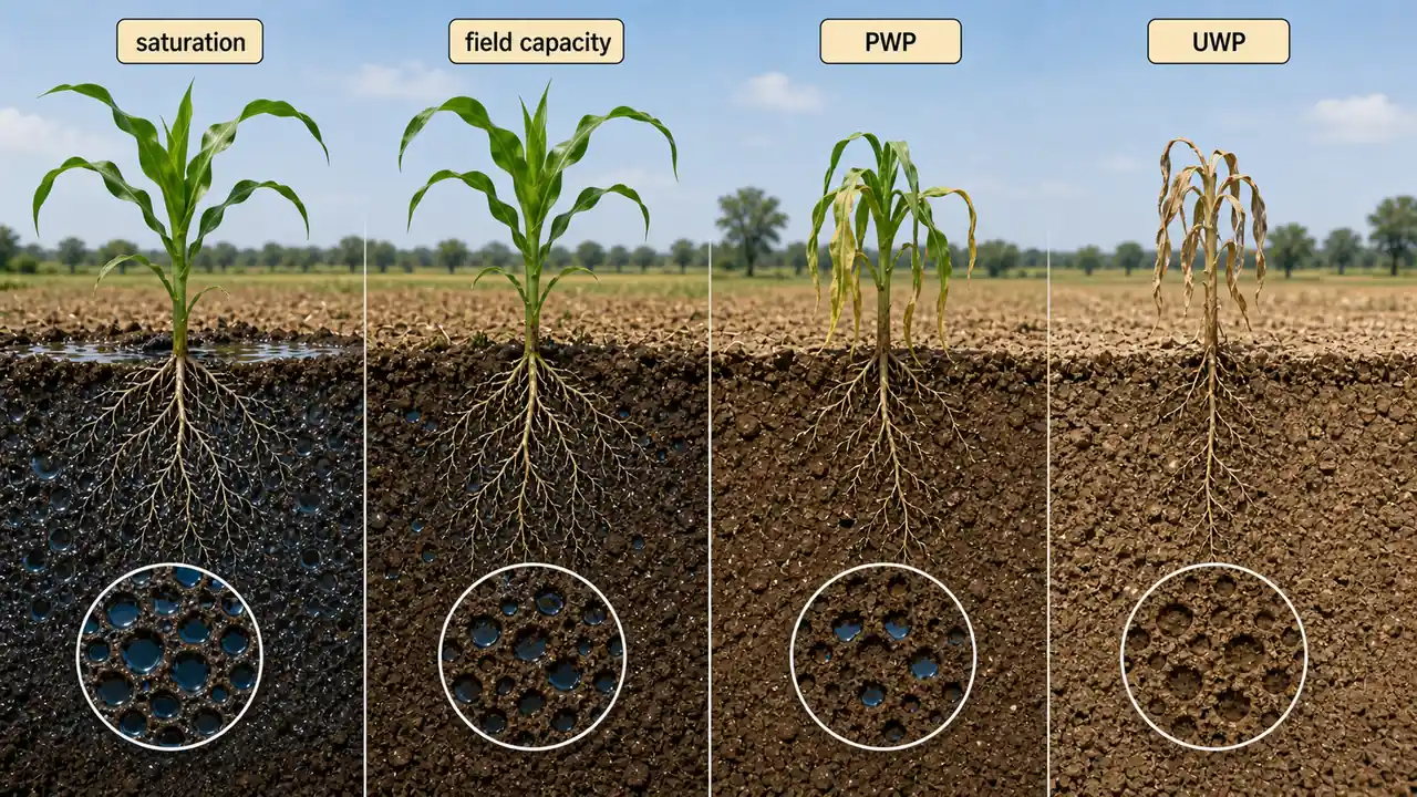 Soil water relationship from saturation to field capacity to PWP and UWP shown in crop soil profiles