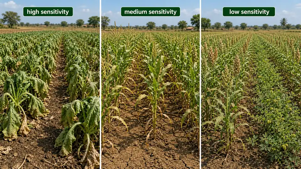 High, medium, and low crop sensitivity to water stress shown by severe wilting in vegetables, moderate stress in cereals, and lower stress in hardy seed crops