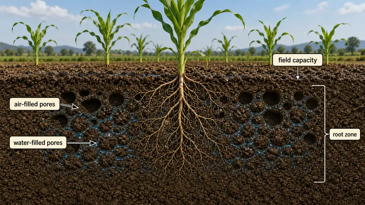Field capacity in a loamy soil showing air-filled pores, water-filled pores, and a healthy crop root zone