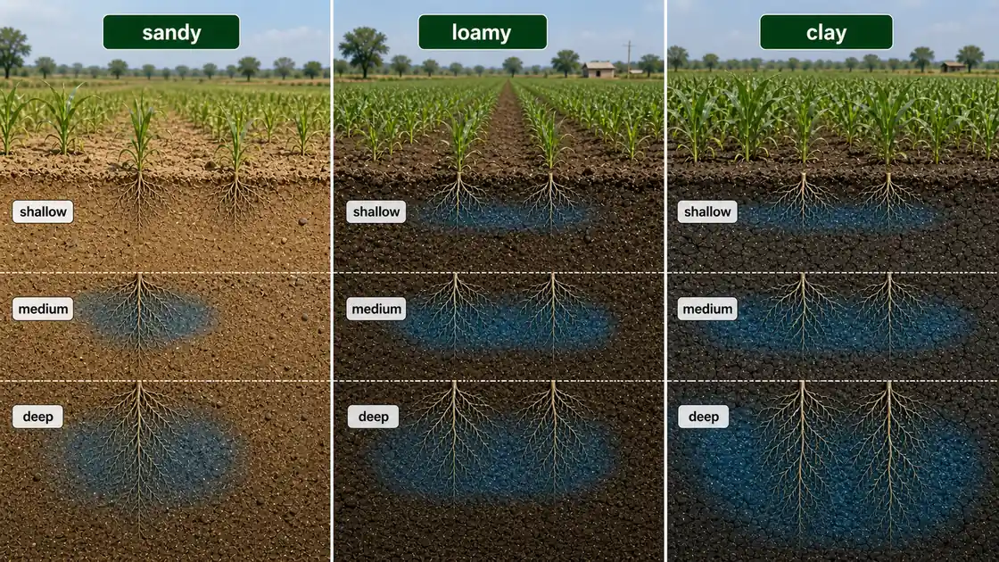 Comparison of sandy, loamy, and clay soils showing larger effective wetting depth as root depth increases and as soil water storage improves