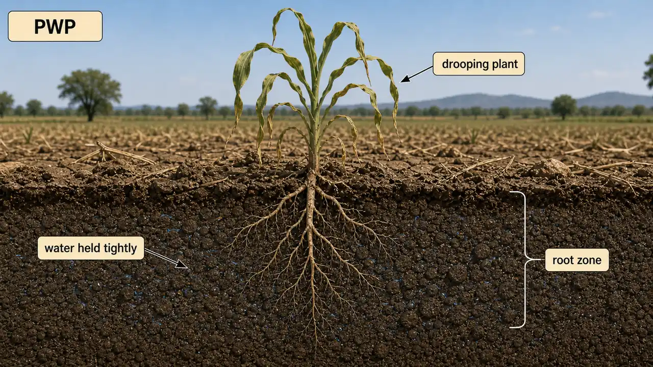 Permanent wilting point showing a drooping crop, tightly held soil water, and root zone moisture stress