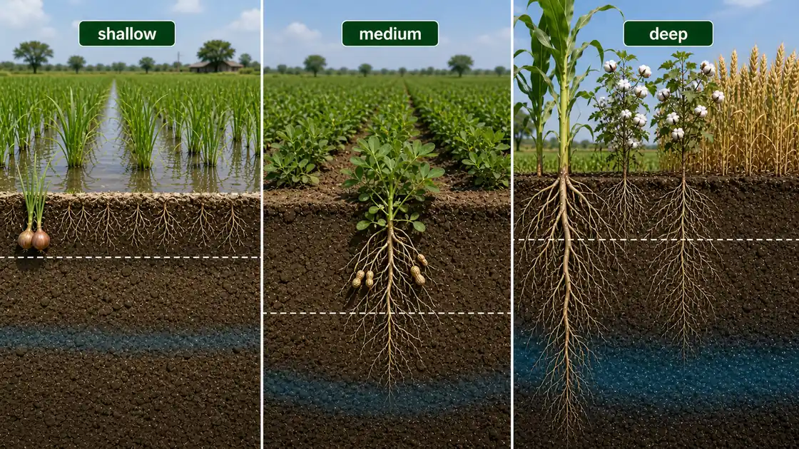 Shallow, medium, and deep rooted crop comparison showing increasing root penetration and access to deeper soil moisture