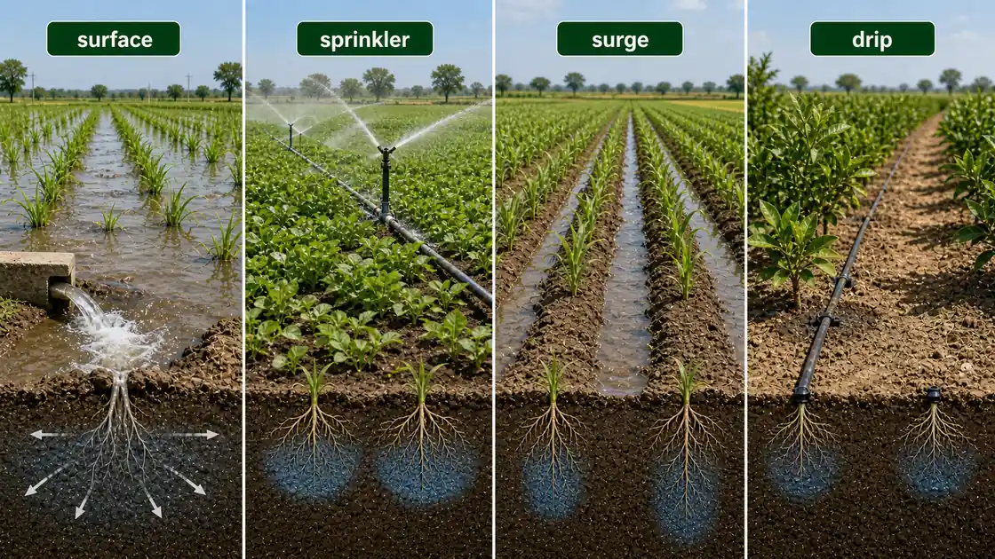 Comparison of surface, sprinkler, surge, and drip irrigation methods showing progressively better root-zone targeting and lower water loss
