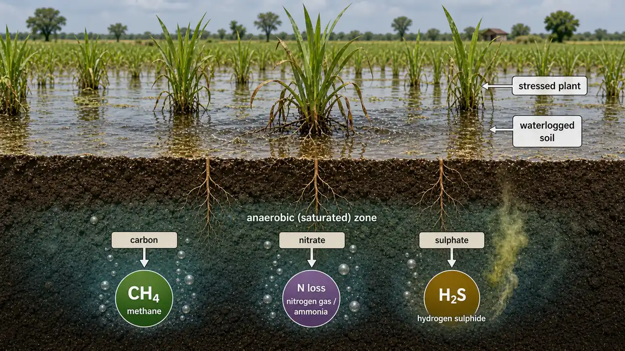 Waterlogged crop field cross-section showing anaerobic soil with methane formation, nitrogen loss, hydrogen sulphide formation, and stressed roots