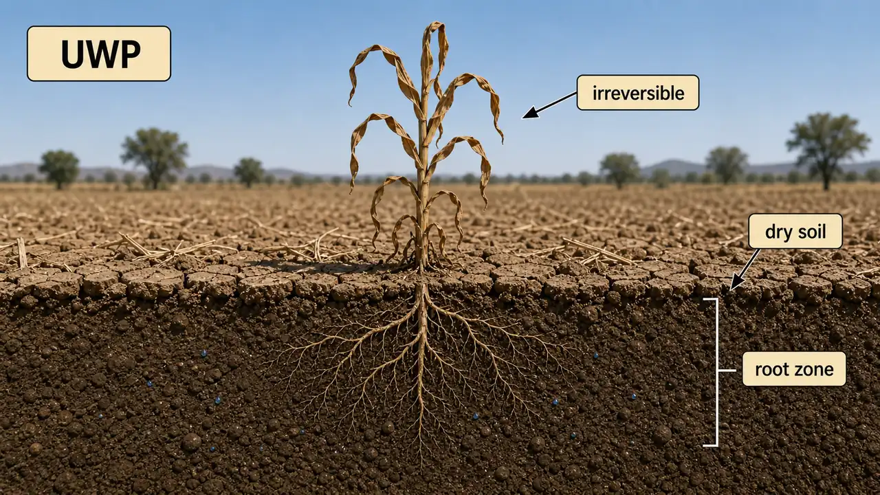Ultimate wilting point showing a crop dried beyond recovery in a very dry root zone