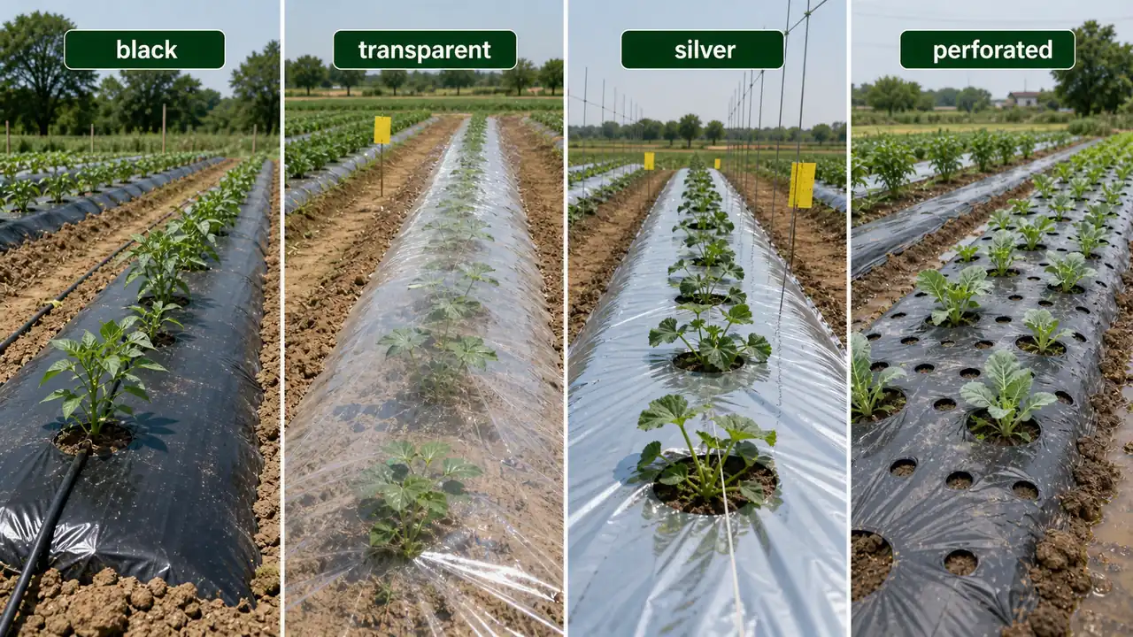 Plastic mulch comparison showing black, transparent, silver, and perforated films used for different field purposes