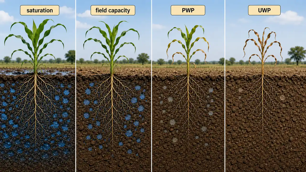 Comparison of soil moisture constants showing saturation, field capacity, permanent wilting point, and ultimate wilting point