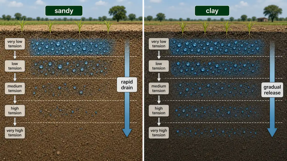 Sandy and clay soil comparison showing rapid drainage in sand and gradual water release in clay as soil tension increases