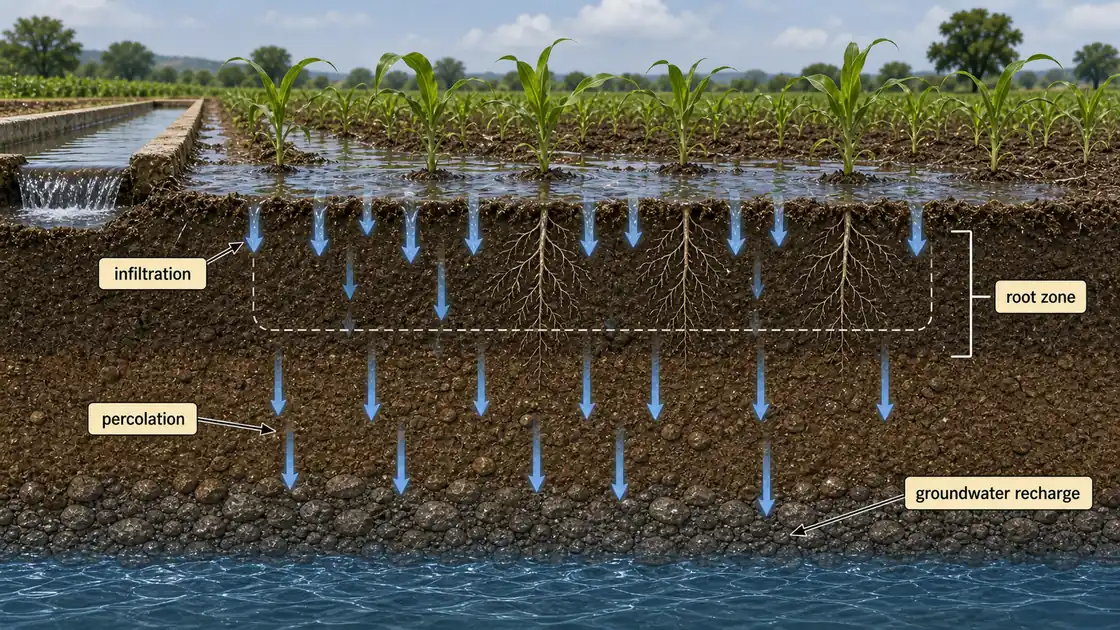 Infiltration versus percolation in an irrigated field showing root zone entry and deeper groundwater recharge