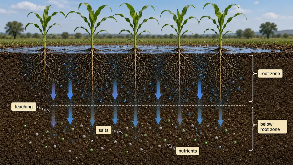 Leaching in irrigated soil showing salts and nutrients moving downward below the crop root zone with water