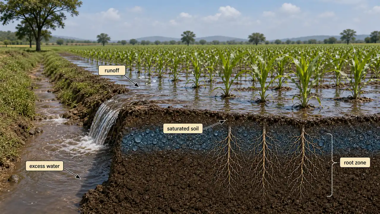 Runoff in an irrigated field showing excess surface water leaving the saturated crop area