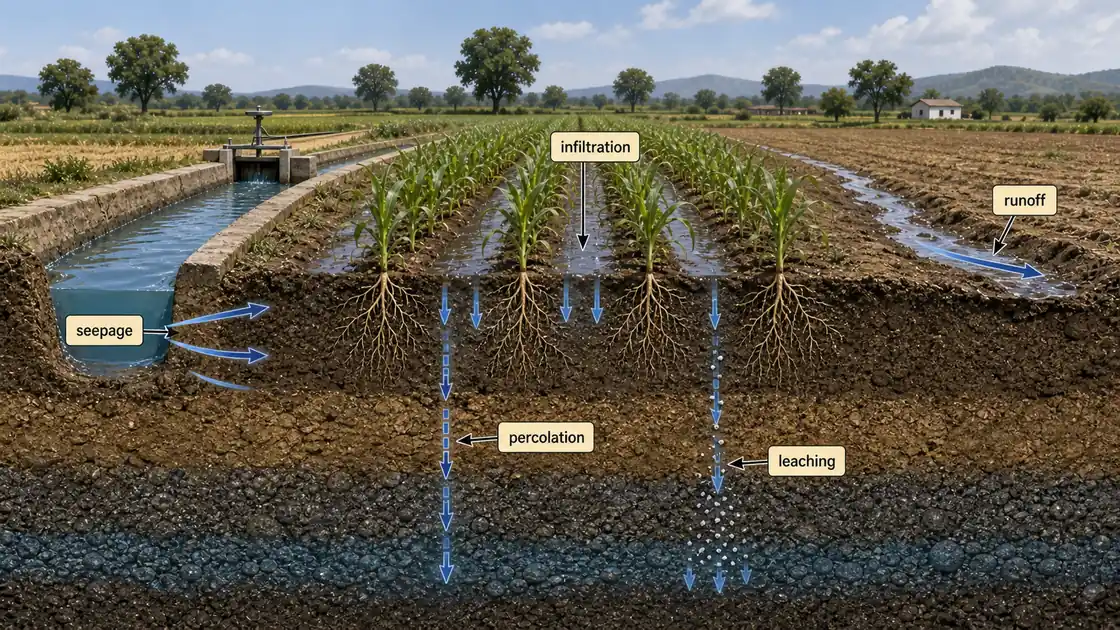 Water movement summary in irrigation showing infiltration, percolation, seepage, leaching, and runoff in one farm cross-section