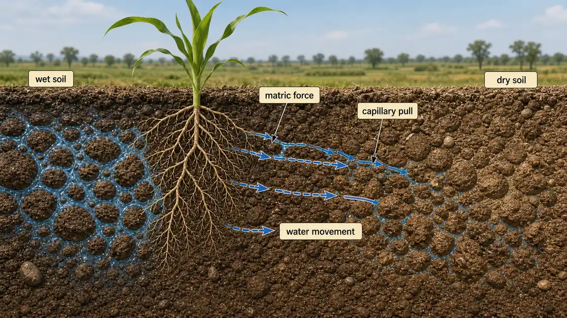 Soil water energy concepts showing wet soil, dry soil, matric force, capillary pull, and water movement around roots